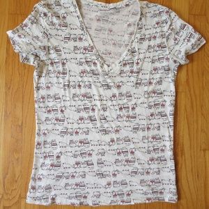Lucky Cats Kitty Maneki Neko Womens Ivory V Neck T shirt size Medium